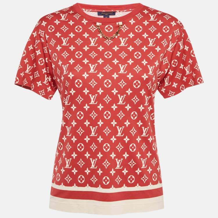 Pre Owned Louis Vuitton Red Logo Print Cotton Knit Chain Detail Crew Neck T-Shirt XS