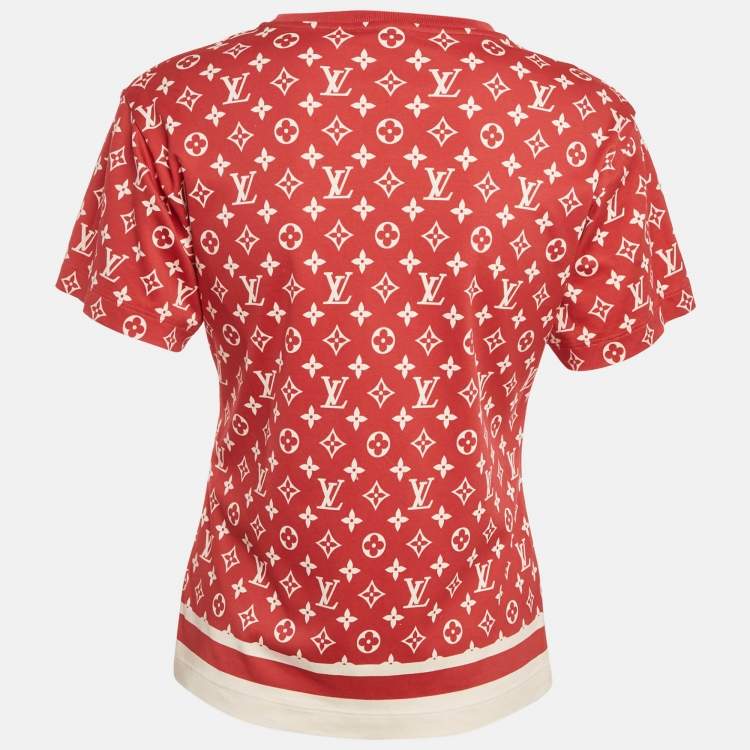 Pre Owned Louis Vuitton Red Logo Print Cotton Knit Chain Detail Crew Neck T-Shirt XS