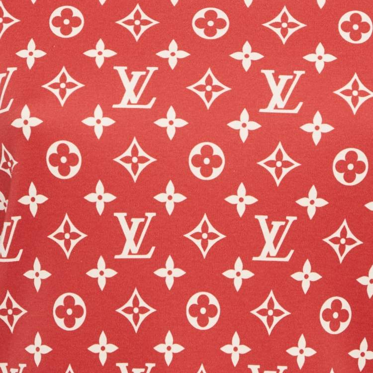Pre Owned Louis Vuitton Red Logo Print Cotton Knit Chain Detail Crew Neck T-Shirt XS