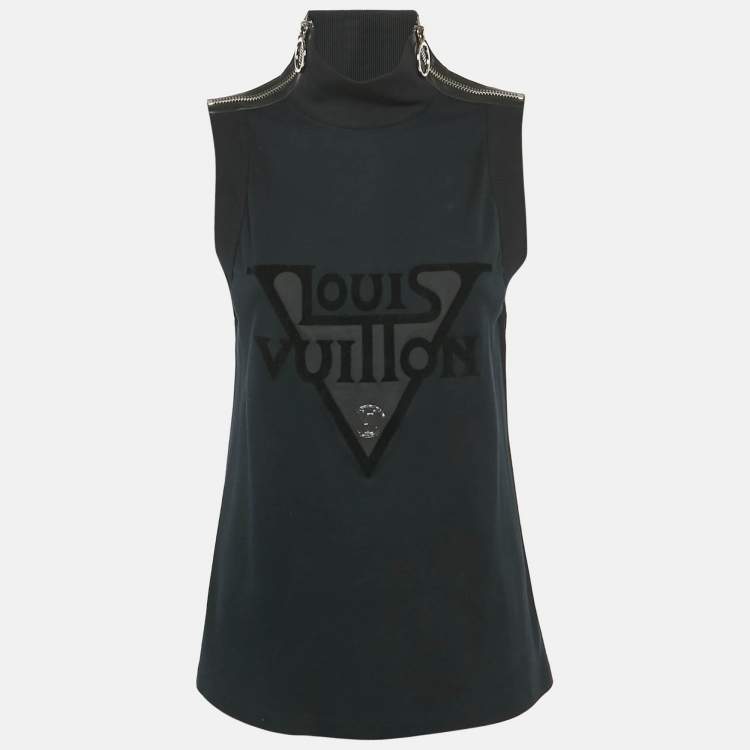 Pre Owned Louis Vuitton Black Logo Print Cotton Zip Detail Sleeveless T-Shirt L