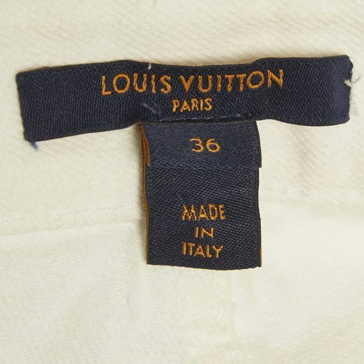 Pre Owned Louis Vuitton White Leather Applique Monogram Denim Jeans S Waist 25"