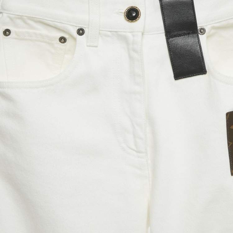 Pre Owned Louis Vuitton White Leather Applique Monogram Denim Jeans S Waist 25"