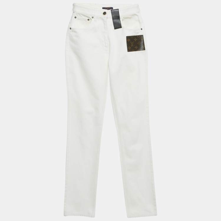 Pre Owned Louis Vuitton White Leather Applique Monogram Denim Jeans S Waist 25"