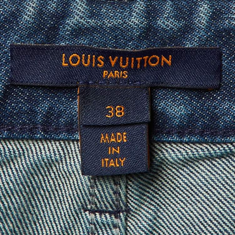 Pre Owned Louis Vuitton Blue Denim Monogram Patch Straight Fit Jeans M/Waist 29"