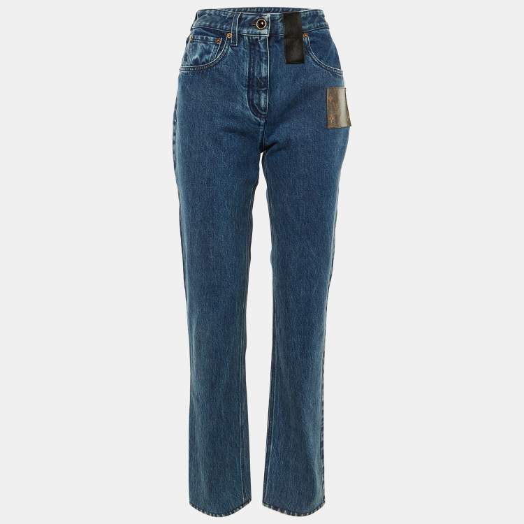 Pre Owned Louis Vuitton Blue Denim Monogram Patch Straight Fit Jeans M/Waist 29"