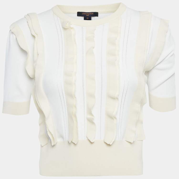 Pre Owned Louis Vuitton White /Cream Knit Ruffled Top XS