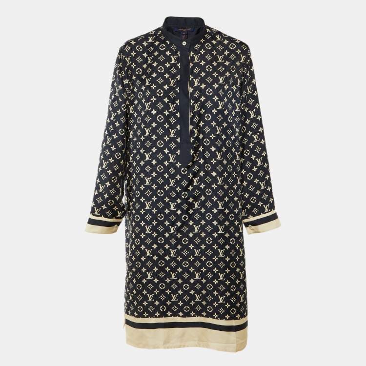 Pre Owned Louis Vuitton Navy Blue Monogram Striped Silk Shift Dress L