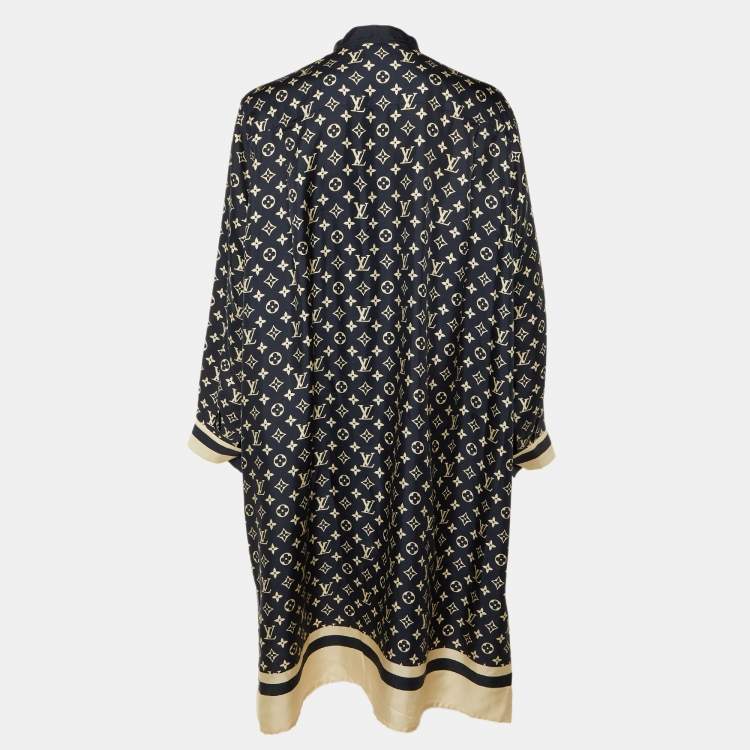 Pre Owned Louis Vuitton Navy Blue Monogram Striped Silk Shift Dress L
