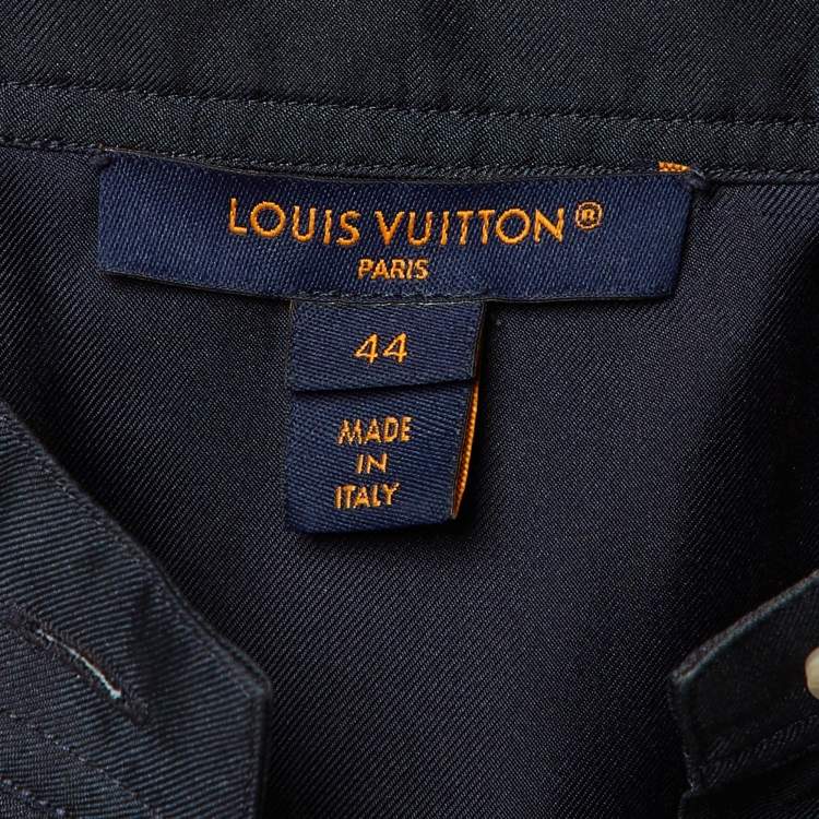 Pre Owned Louis Vuitton Navy Blue Monogram Striped Silk Shift Dress L
