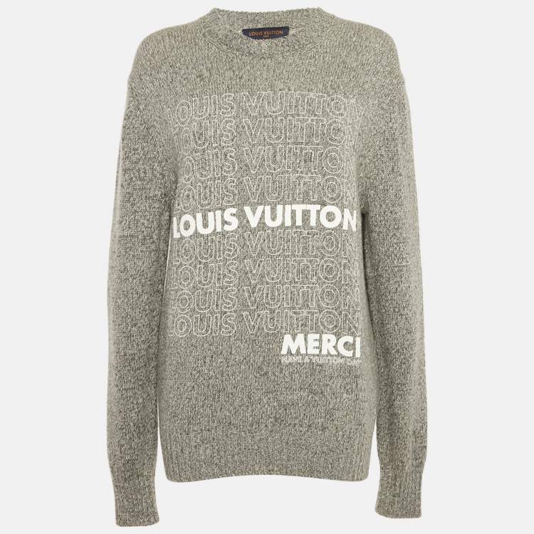 Pre Owned Louis Vuitton Grey Logo Print Rib Knit Sweater M