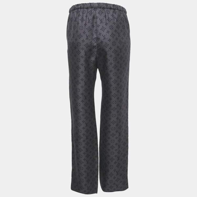 Pre Owned Louis Vuitton Navy Blue Logo Printed Silk Pants S