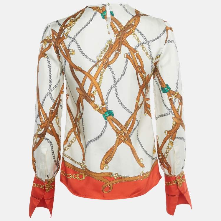 Pre Owned Louis Vuitton Cream Belt Print Silk Blouse S