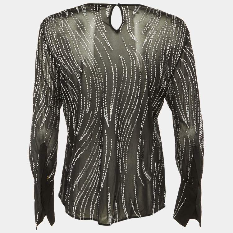 Pre Owned Louis Vuitton Black Glitter Print Mesh Sheer Top L