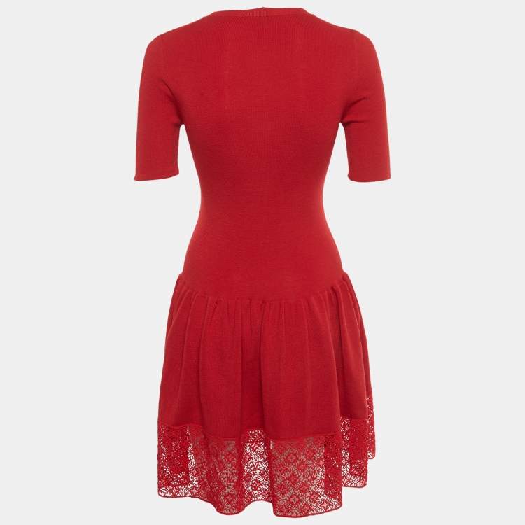 Pre Owned Louis Vuitton Red Wool Lace Trim Mini Dress M