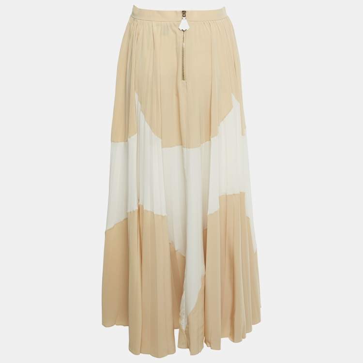 Pre Owned Louis Vuitton Beige /White Abstract Print Silk Pleated Maxi Skirt S