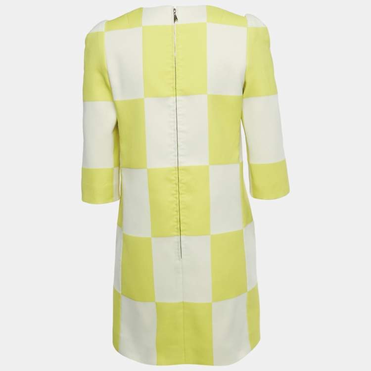 Pre Owned Louis Vuitton White /Yellow Checkered Print Crepe Shift Mini Dress S 