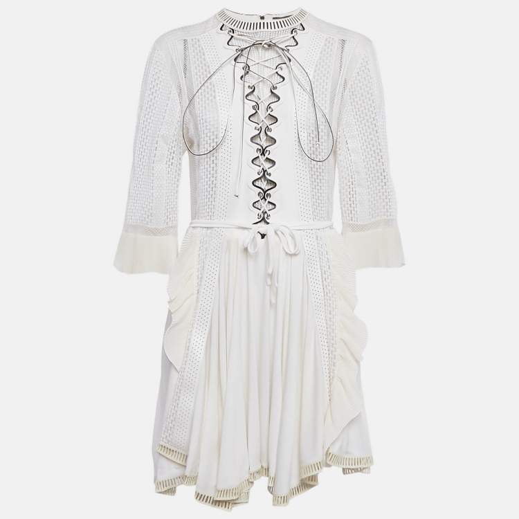 Pre Owned Louis Vuitton White Silk & Leather Trim Perforated Mini Dress M