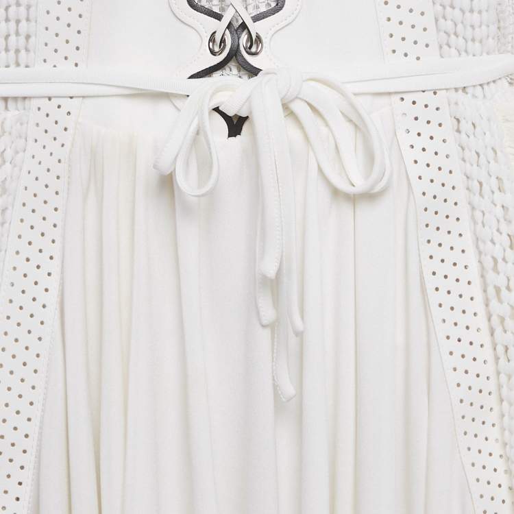 Pre Owned Louis Vuitton White Silk & Leather Trim Perforated Mini Dress M