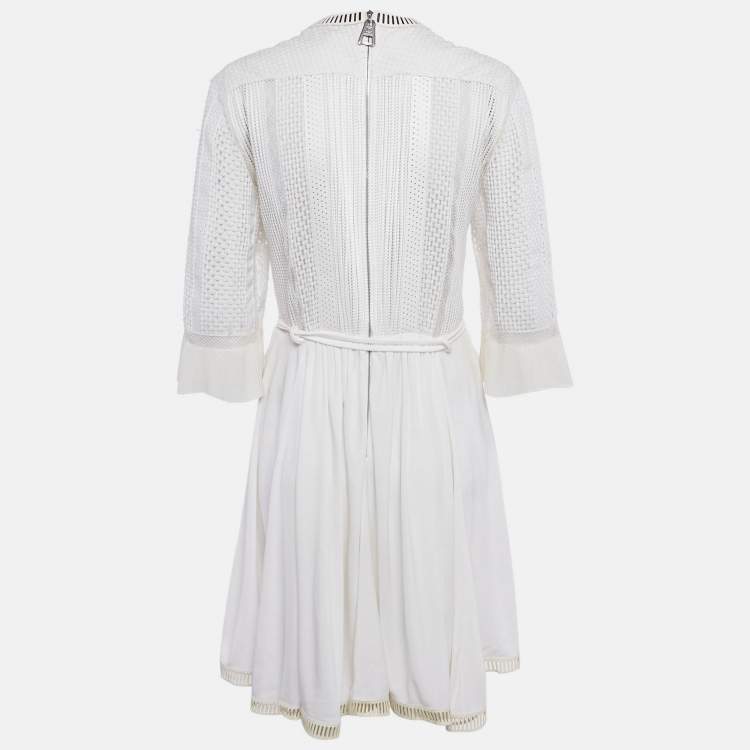 Pre Owned Louis Vuitton White Silk & Leather Trim Perforated Mini Dress M