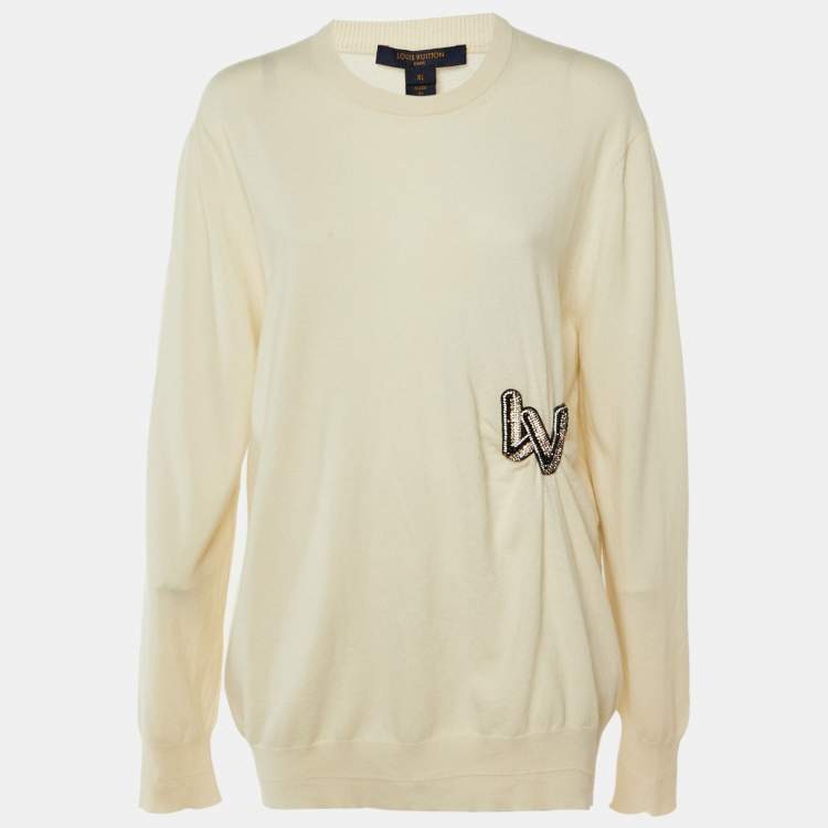 Pre Owned Louis Vuitton Cream Embellished Detail Wool Blend Sweater XL