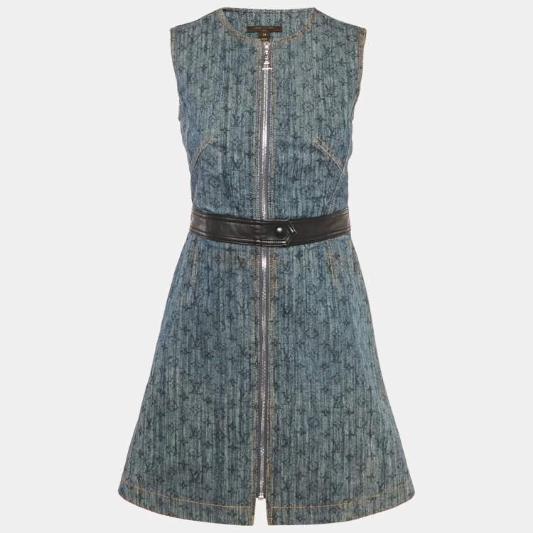 Pre Owned Louis Vuitton Blue Monogram Denim Leather Trim Mini Dress S