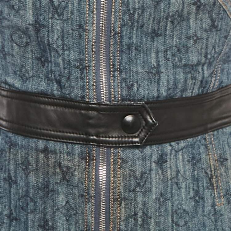 Pre Owned Louis Vuitton Blue Monogram Denim Leather Trim Mini Dress S