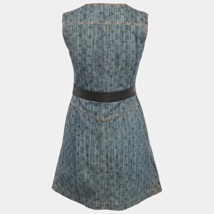 Pre Owned Louis Vuitton Blue Monogram Denim Leather Trim Mini Dress S
