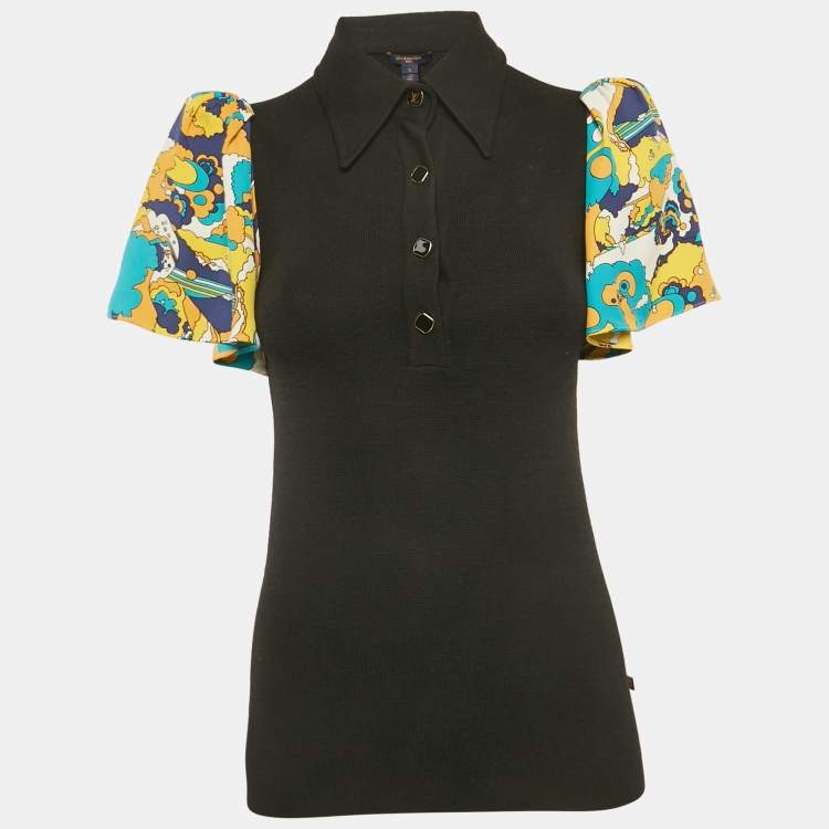 Pre Owned Louis Vuitton Black Wool Knit Contrast Sleeve Polo T-Shirt S