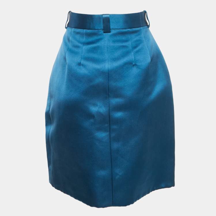 Pre Owned Louis Vuitton Blue Silk Buttoned Wrap Skirt M