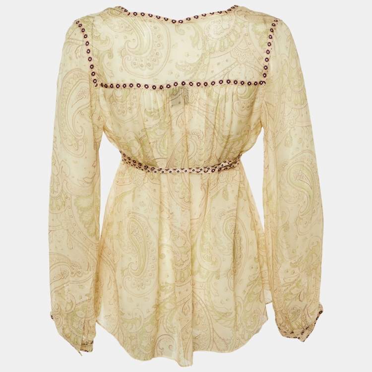 Pre Owned Louis Vuitton Vintage Beige Paisley Print Silk Sheer Blouse M