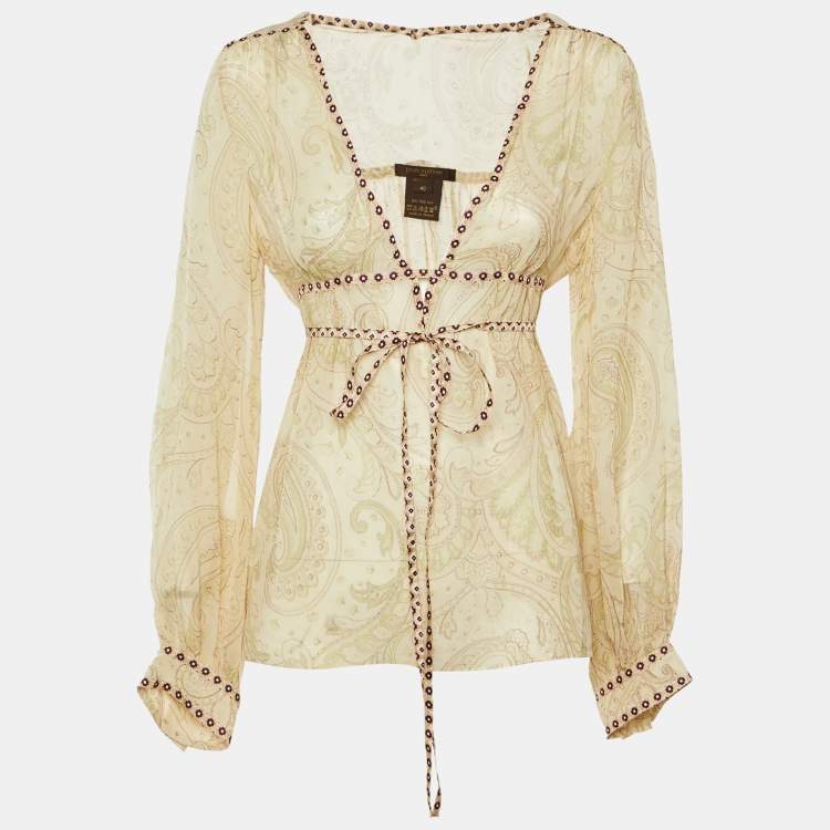 Pre Owned Louis Vuitton Vintage Beige Paisley Print Silk Sheer Blouse M
