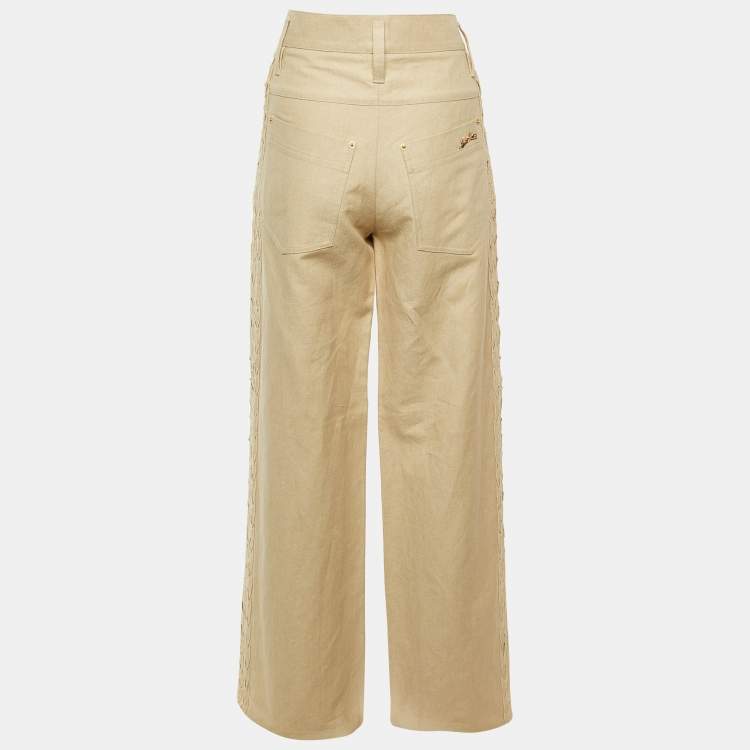 Pre Owned Louis Vuitton Beige Cotton & Linen Blend Braided Detail Trousers L