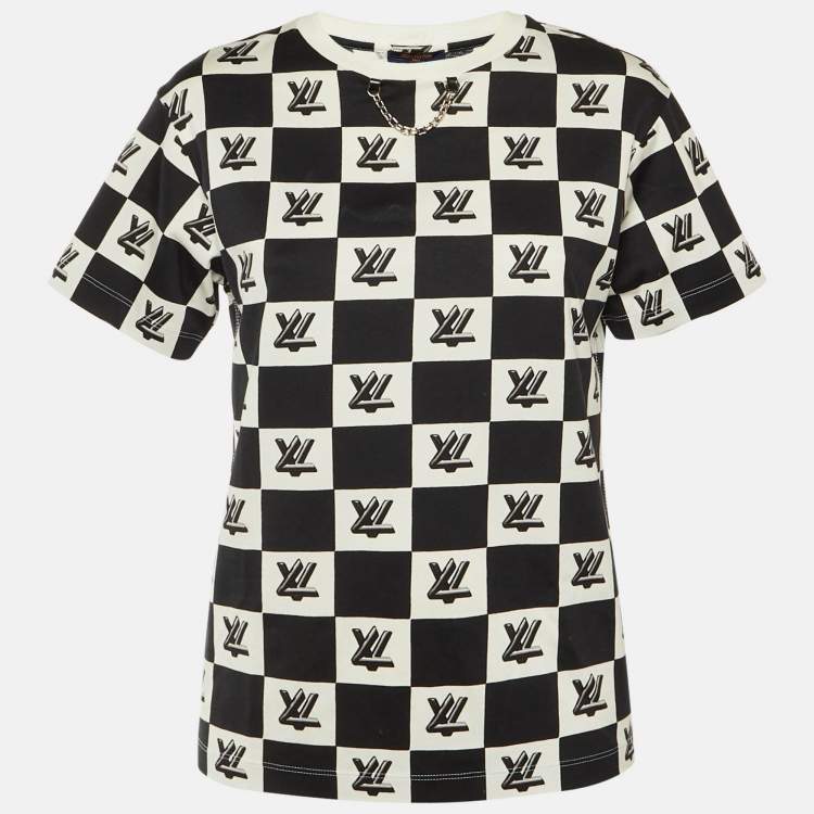 Pre Owned Louis Vuitton Black/White Checkered Twist Lock Cotton Crew Neck T-Shirt M