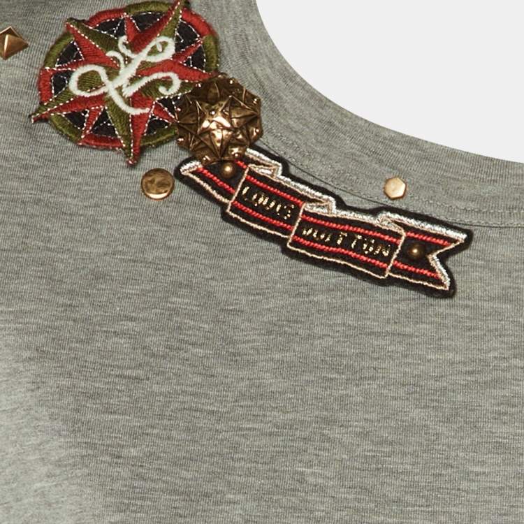 Pre Owned Louis Vuitton Grey Logo Patch Embellished Detail Cotton T-Shirt XL