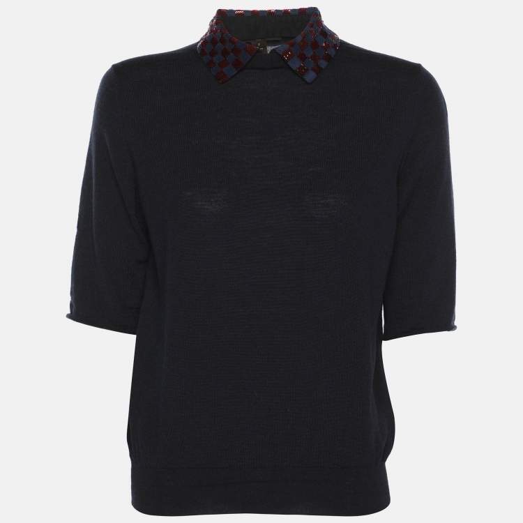 Pre Owned Louis Vuitton Navy Blue Wool Detachable Collar Tops S
