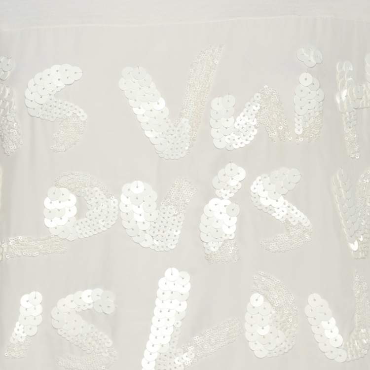 Pre Owned Louis Vuitton Cream Jersey Sequins Logo Top S 