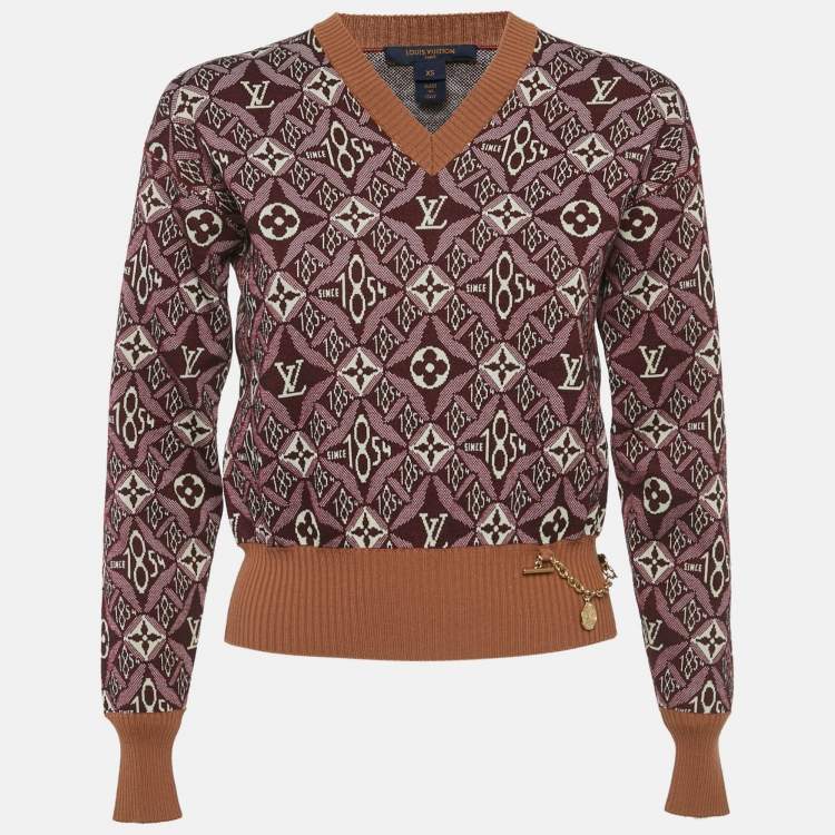 Pre Owned Louis Vuitton Burgundy Monogram Wool Knit Pullover XS