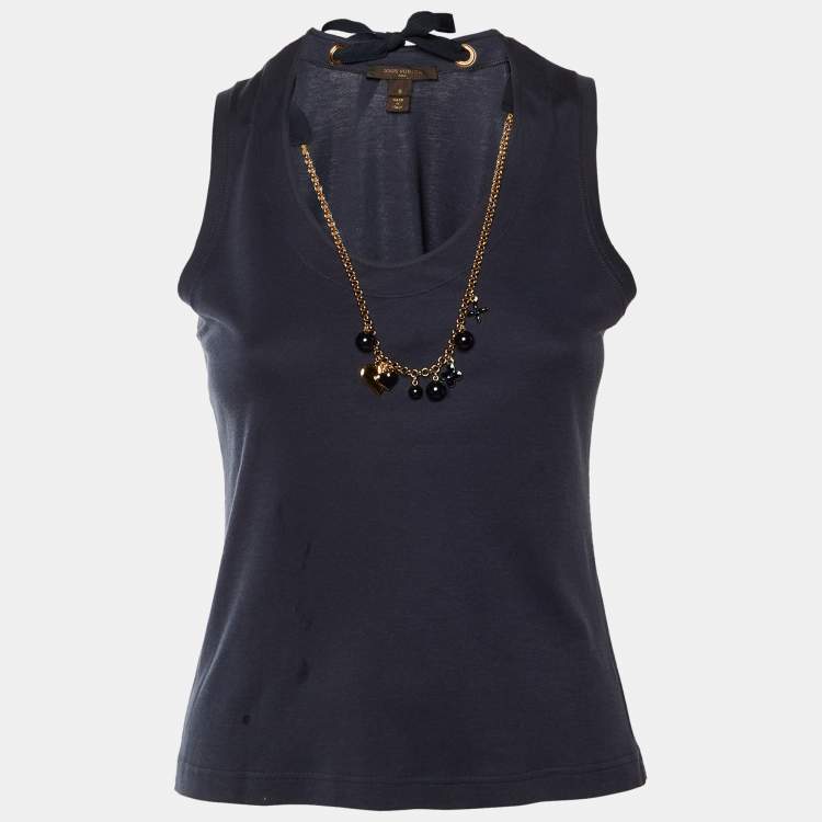 Pre Owned Louis Vuitton Black Cotton Charm Chain Detail Tank Top S