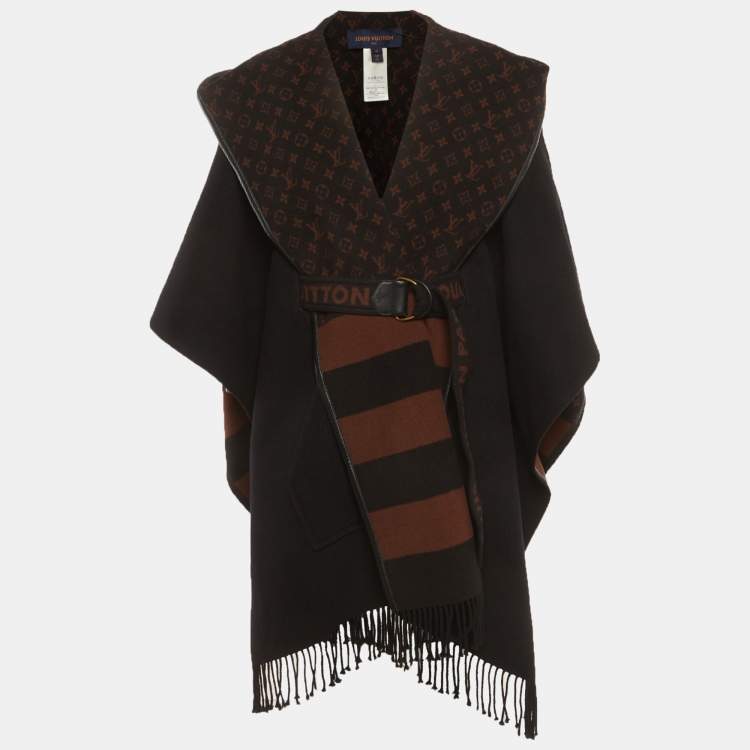 مملوكة مسبقًا Louis Vuitton Black Wool Leather Trim Felt Poncho M