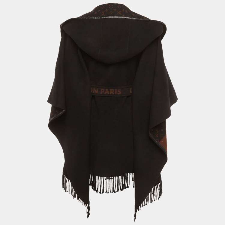 مملوكة مسبقًا Louis Vuitton Black Wool Leather Trim Felt Poncho M