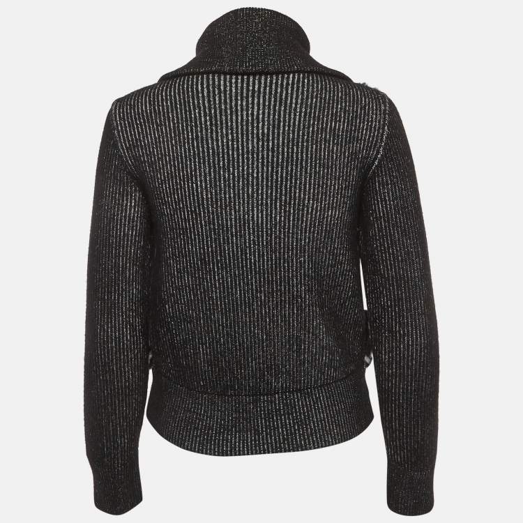 Pre Owned Louis Vuitton Black Fur Trim Rib Knit Zip-Up Cardigan XS