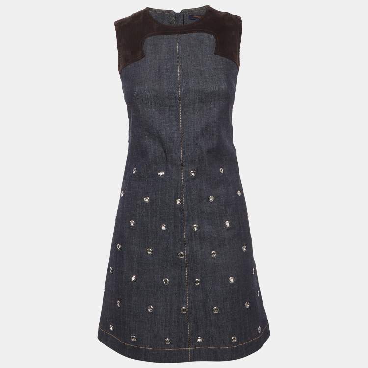 Pre Owned Louis Vuitton Blue Corduroy Trim and Denim Mini Dress S