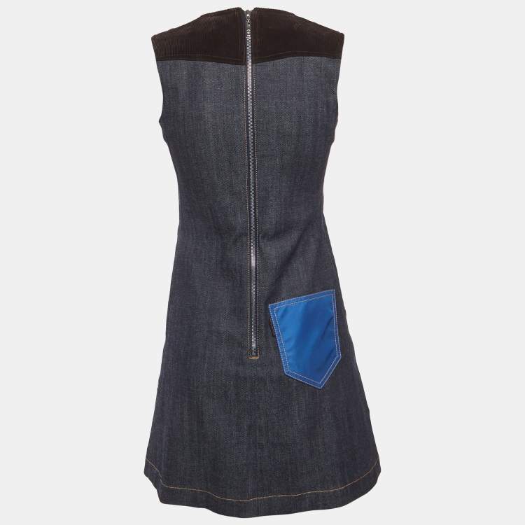 Pre Owned Louis Vuitton Blue Corduroy Trim and Denim Mini Dress S