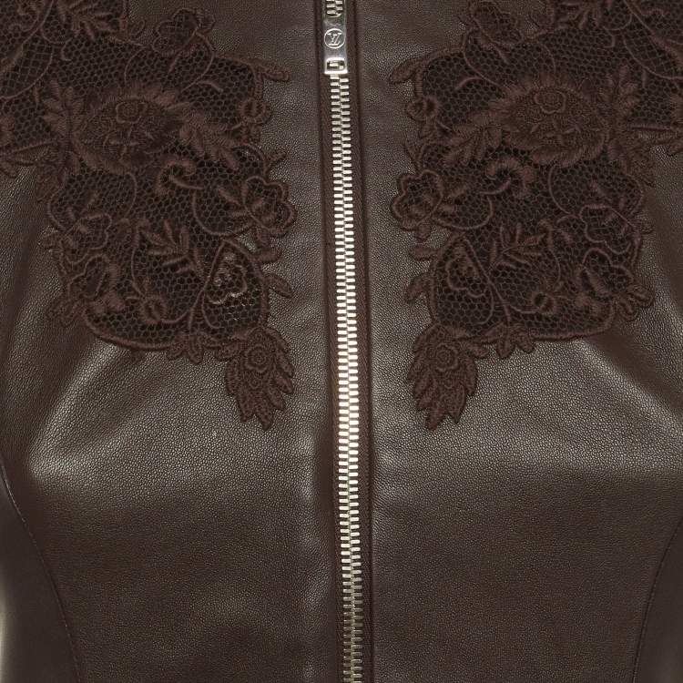 Pre Owned Louis Vuitton Brown Leather Belted Lace Detail Mini Dress S 