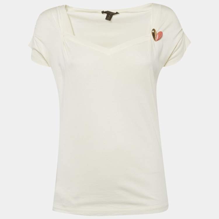 Pre Owned Louis Vuitton Cream Jersey Heart Brooch T-Shirt S