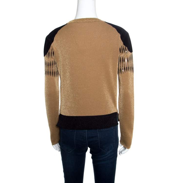 Pre Owned Louis Vuitton Brown Lurex Knit Contrast Suede Shoulder Patch Detail Cropped Sweater XS