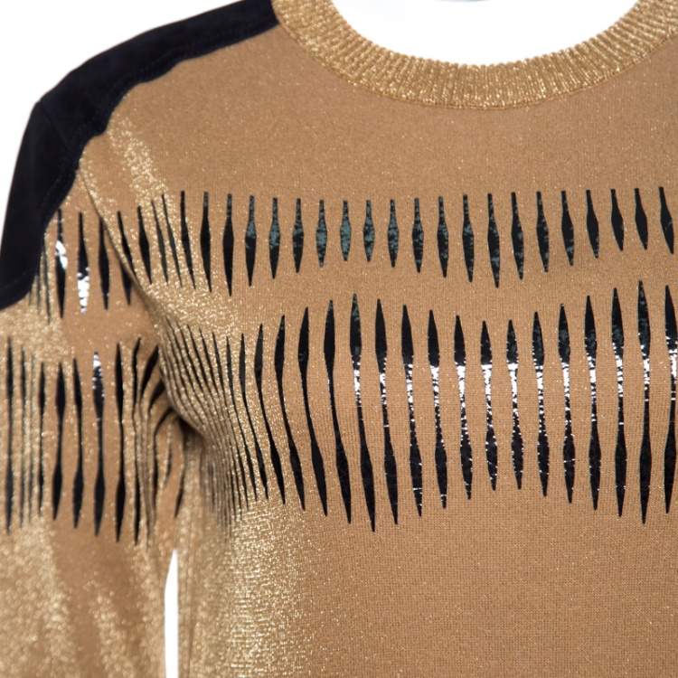 Pre Owned Louis Vuitton Brown Lurex Knit Contrast Suede Shoulder Patch Detail Cropped Sweater XS