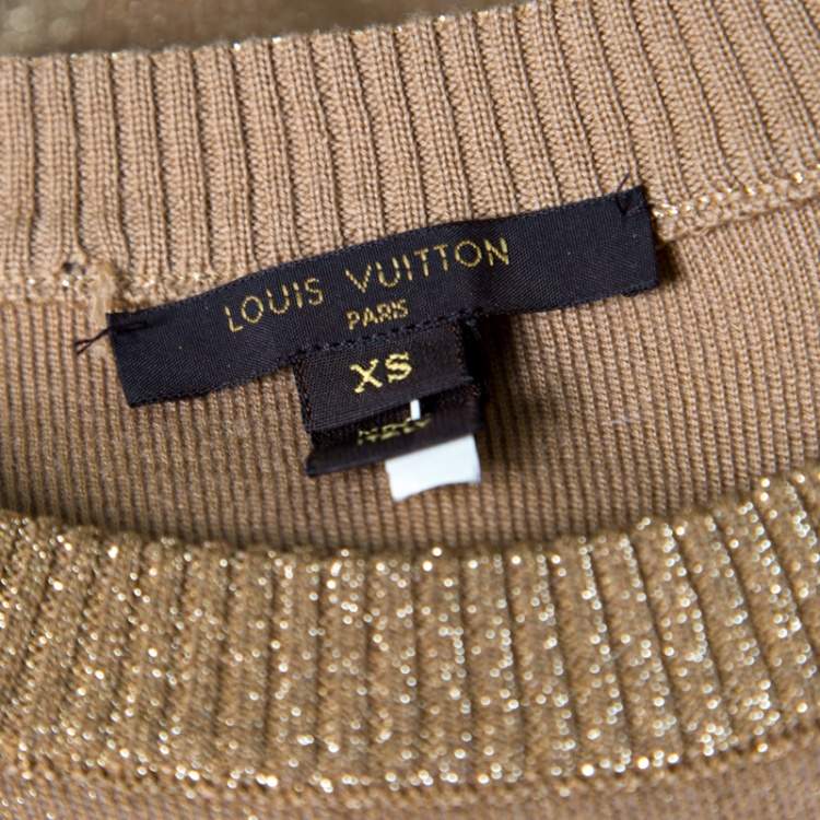 Pre Owned Louis Vuitton Brown Lurex Knit Contrast Suede Shoulder Patch Detail Cropped Sweater XS
