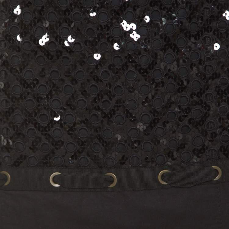 Pre Owned Louis Vuitton Black Sequin Grid Embellished Eyelet Lace Paneled Mini Skirt S