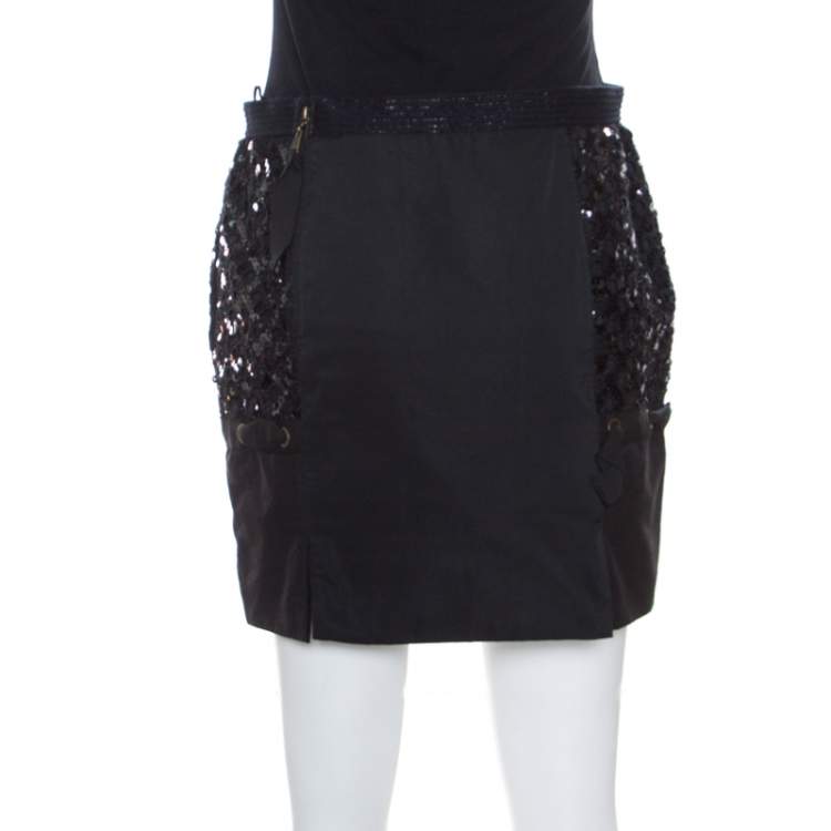 Pre Owned Louis Vuitton Black Sequin Grid Embellished Eyelet Lace Paneled Mini Skirt S